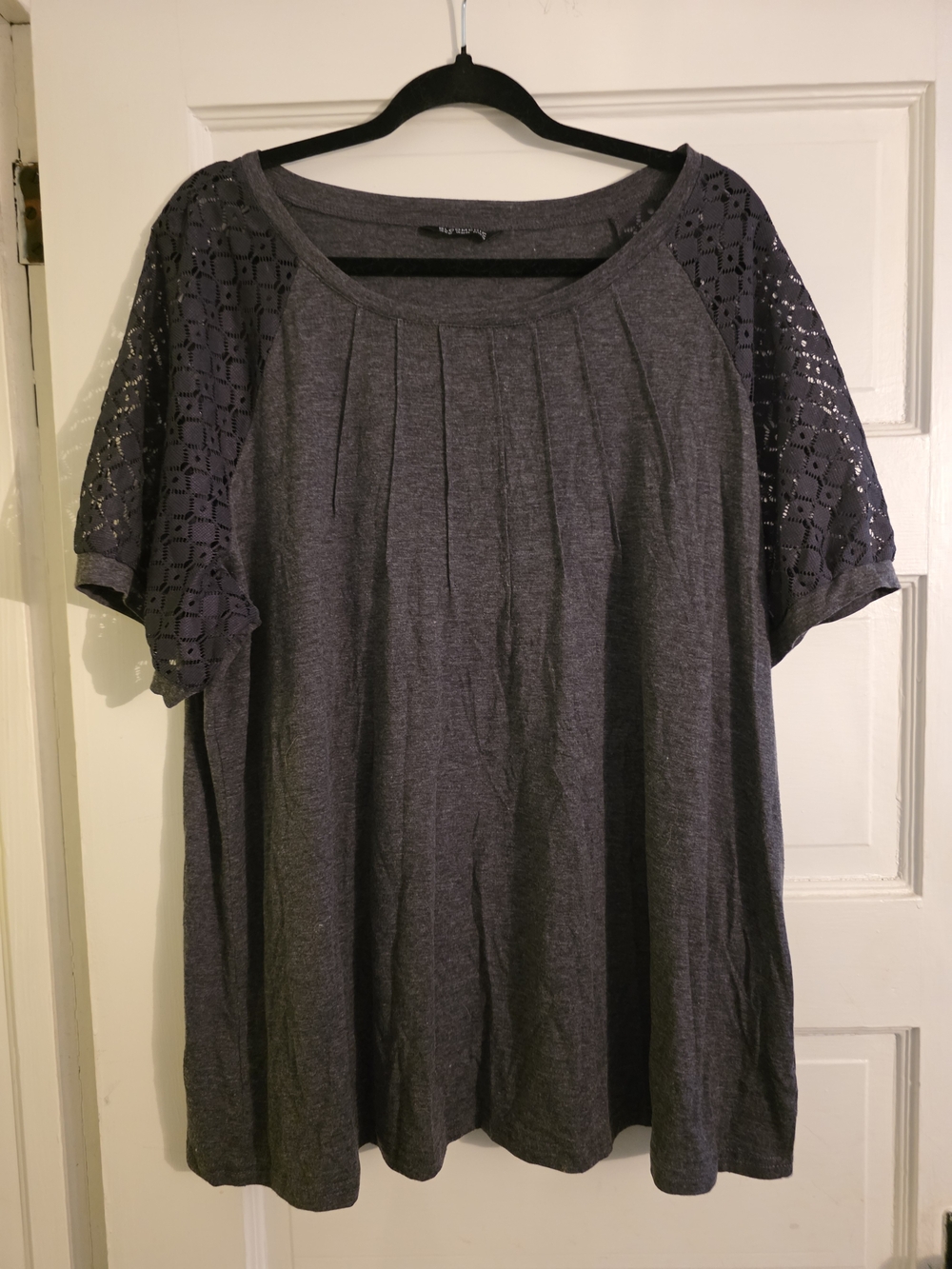 BloomChic Charcoal Gray Knit Top with Lace Raglan Sleeves